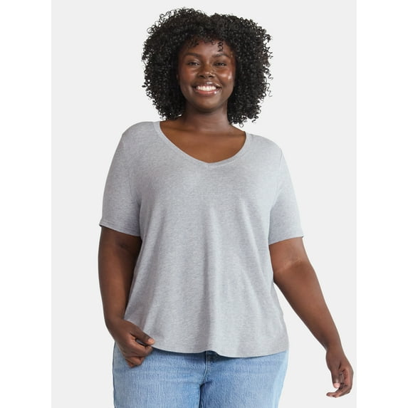 Terra & Sky Women's Plus Size V-Neck Tee with Short Sleeves, Sizes 0X-4X