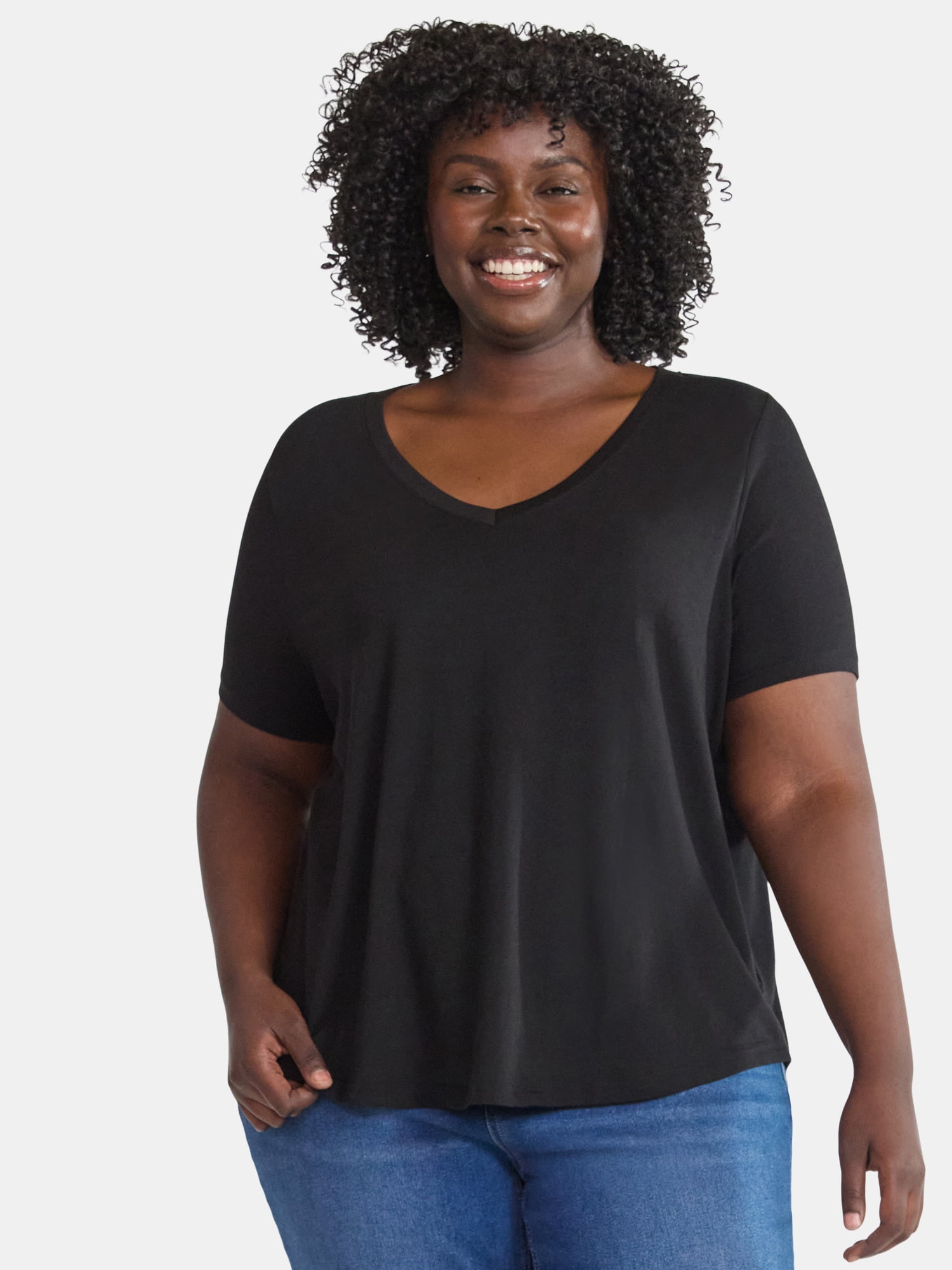 Terra & Sky Women's Plus Size V-Neck Tee with Short Sleeves, Sizes 0X-4X