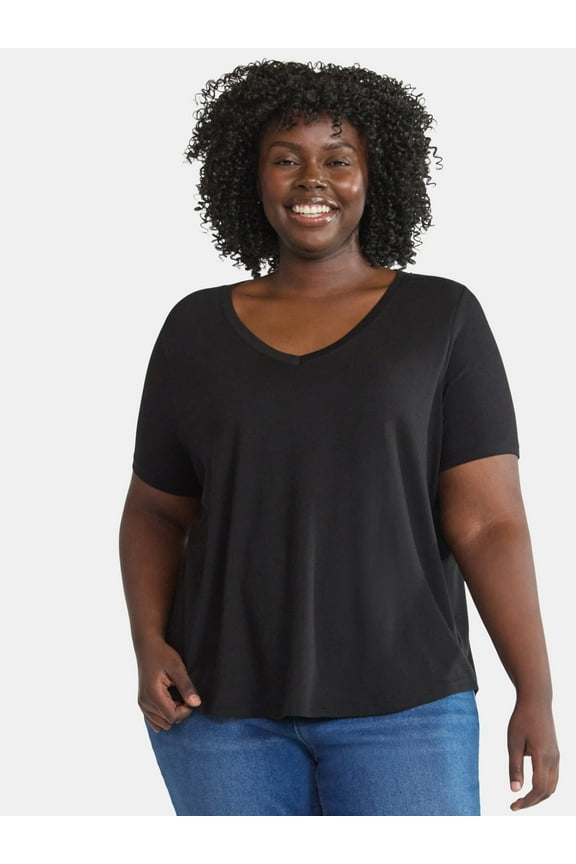 Women's Plus Size V-Neck Tee with Short Sleeves, Sizes 0X-4X