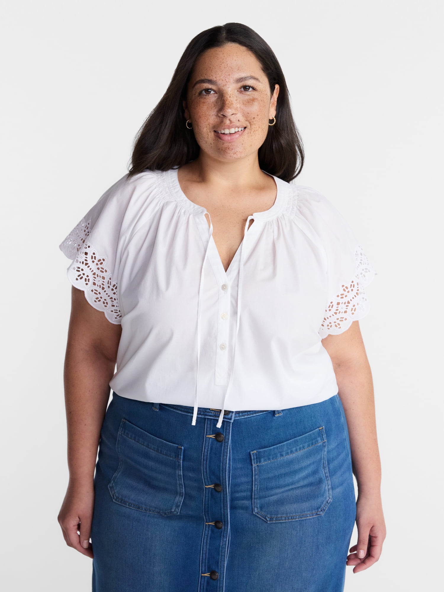 Terra & Sky Women’s Plus Cotton Eyelet Top with Short Sleeves, Sizes 0X-5X