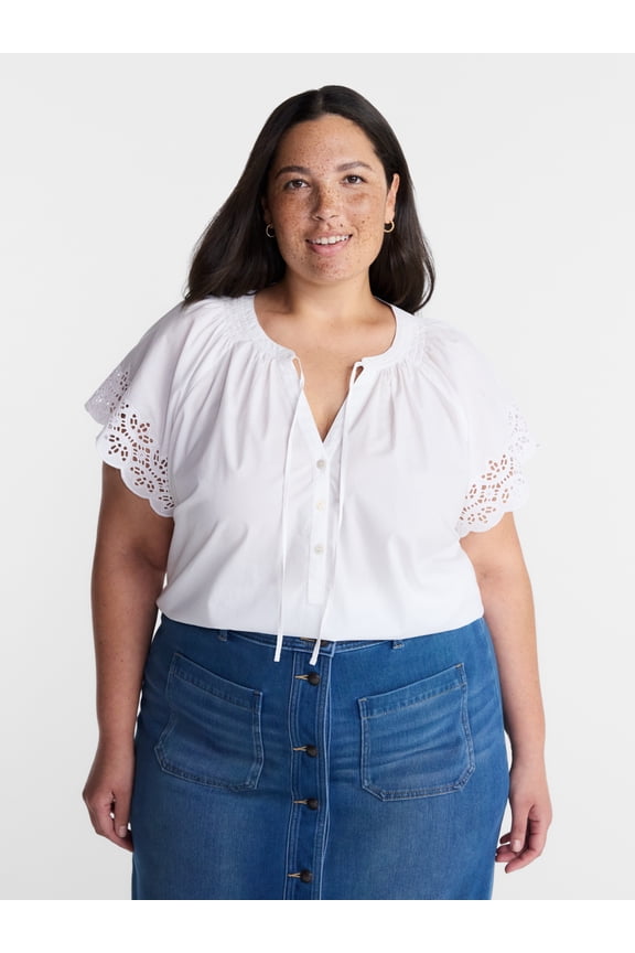 Women’s Plus Cotton Eyelet Top with Short Sleeves, Sizes 0X-5X