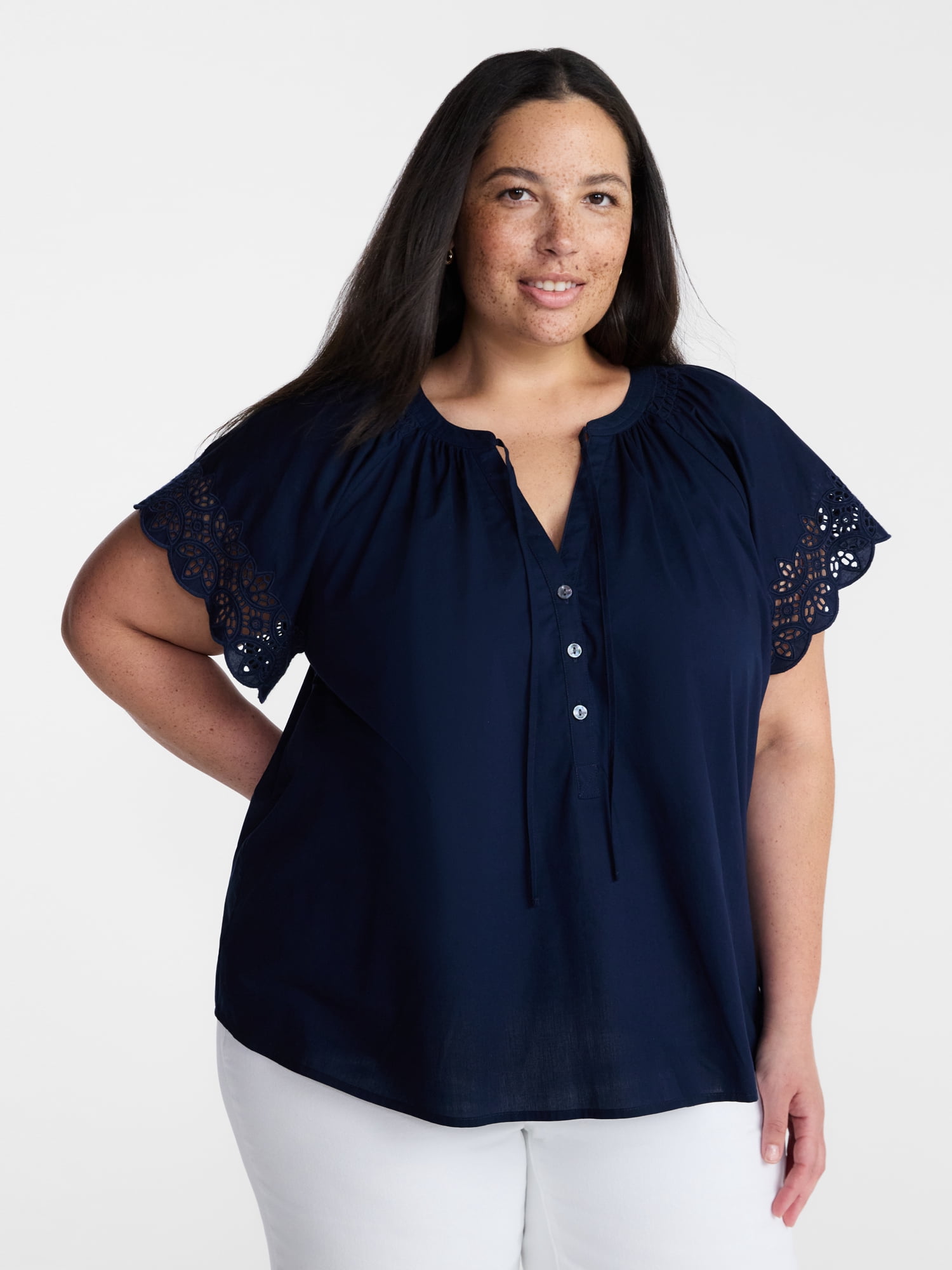 Terra & Sky Women’s Plus Cotton Eyelet Top with Short Sleeves, Sizes 0X-5X