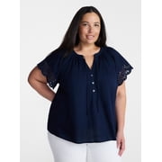 Terra & Sky Women s Plus Cotton Eyelet Top with Short Sleeves, Sizes 0X-5X