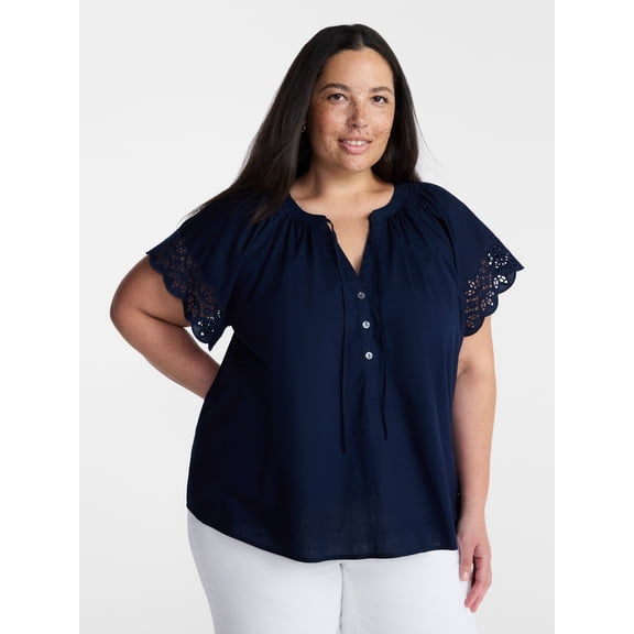 Terra & Sky Women’s Plus Cotton Eyelet Top with Short Sleeves, Sizes 0X-5X