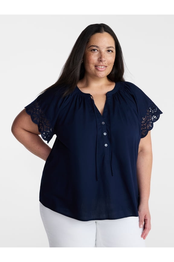 Women’s Plus Cotton Eyelet Top with Short Sleeves, Sizes 0X-5X