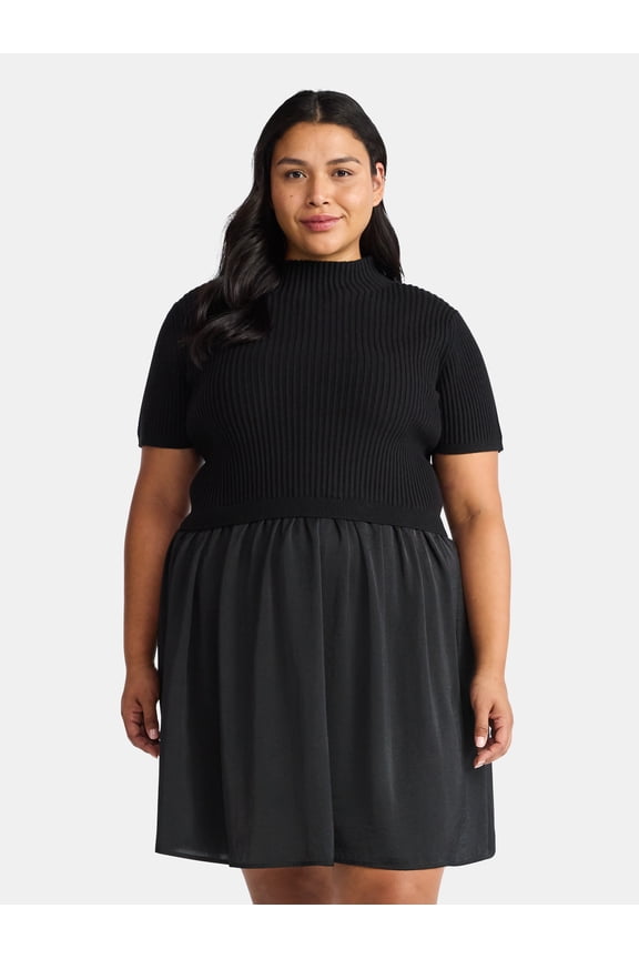 Women's Plus Short Sleeve Mini Mixed Media Dress, Sizes 0X-5X