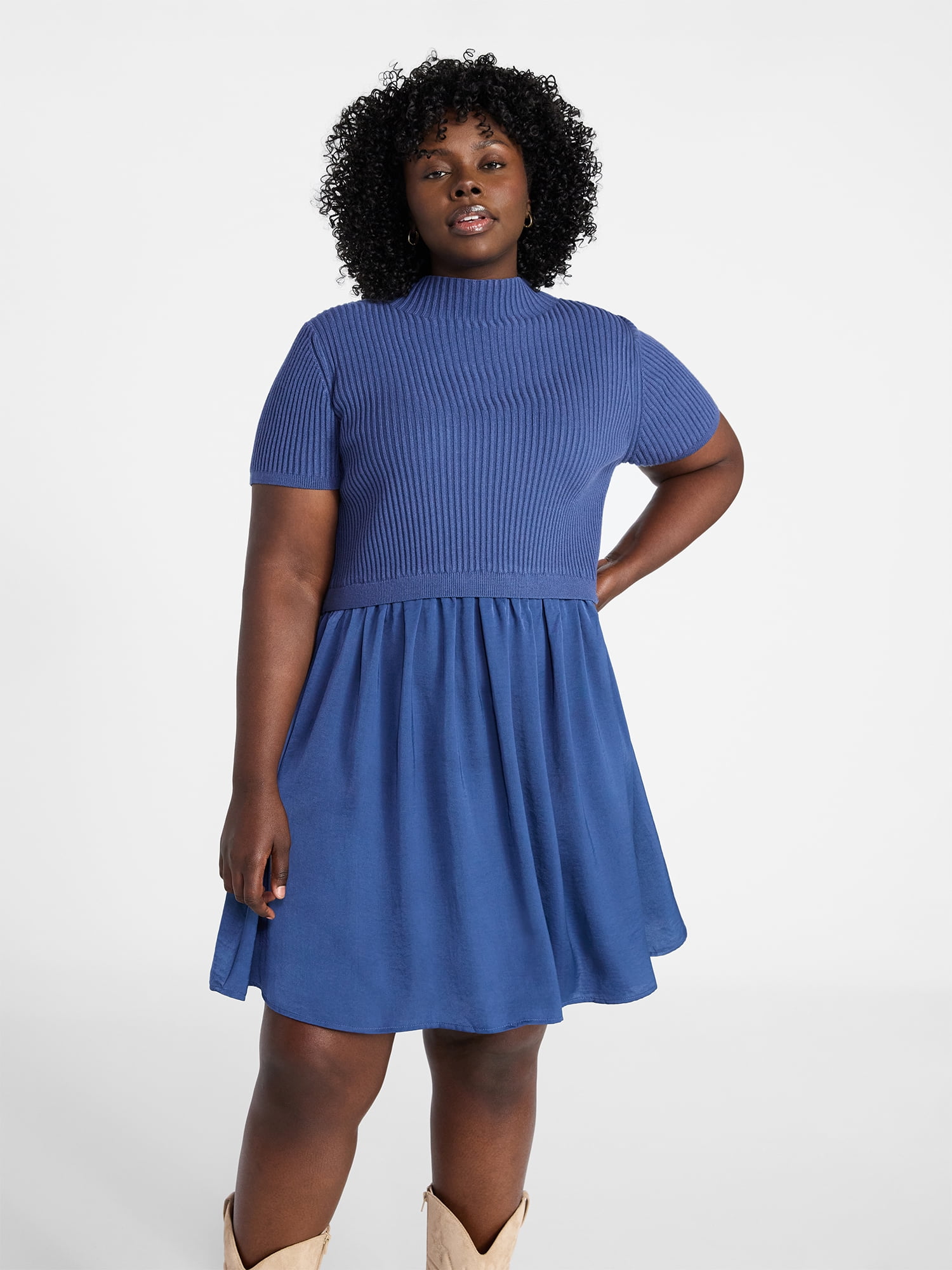 Terra & Sky Women's Plus Short Sleeve Mini Mixed Media Dress, Sizes 0X-5X