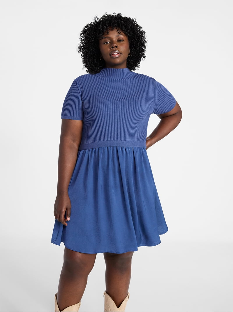 mixed media dress short sleeve Terra & Sky Women's Plus Short Sleeve Mini Mixed Media Dress, Sizes 0X-5X