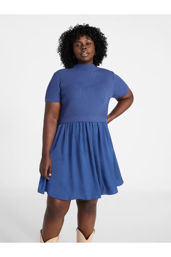 Women's Plus Short Sleeve Mini Mixed Media Dress, Sizes 0X-5X