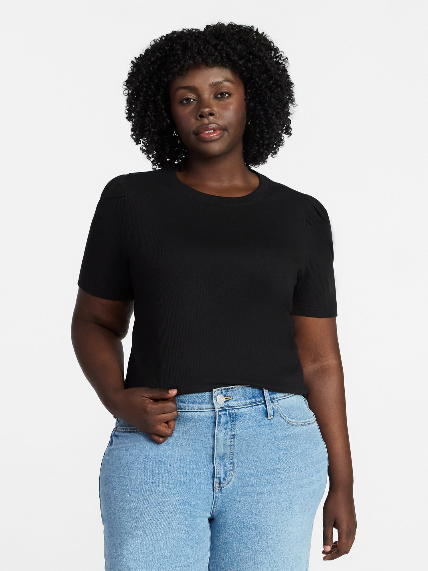 Terra & Sky Women's Plus Size Crewneck Top with Short Puff Sleeves, Size 0X-4X