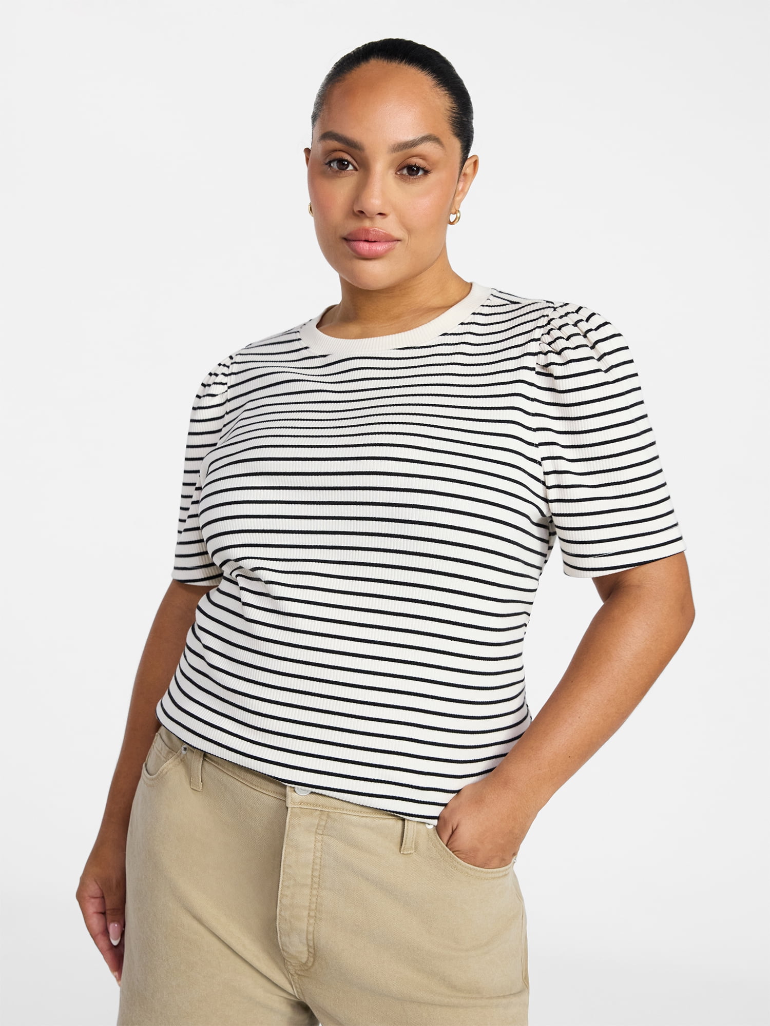Terra & Sky Women's Plus Size Crewneck Top with Short Puff Sleeves, Size 0X-4X