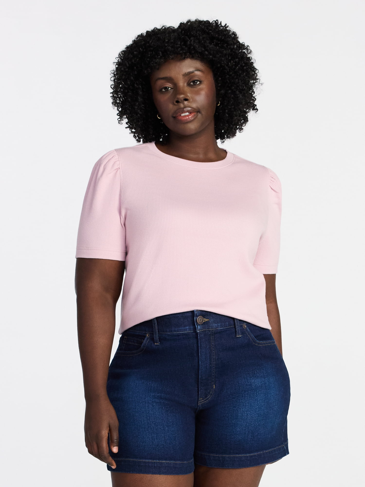 Terra & Sky Women's Plus Size Crewneck Top with Short Puff Sleeves, Size 0X-4X