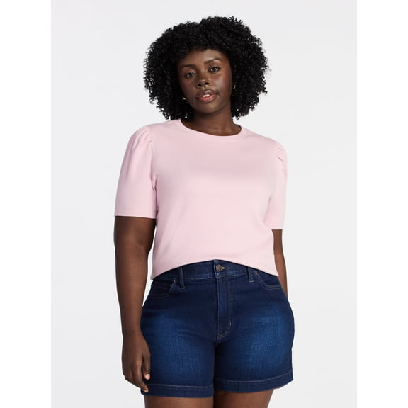 Terra & Sky Women's Plus Size Crewneck Top with Short Puff Sleeves, Size 0X-4X