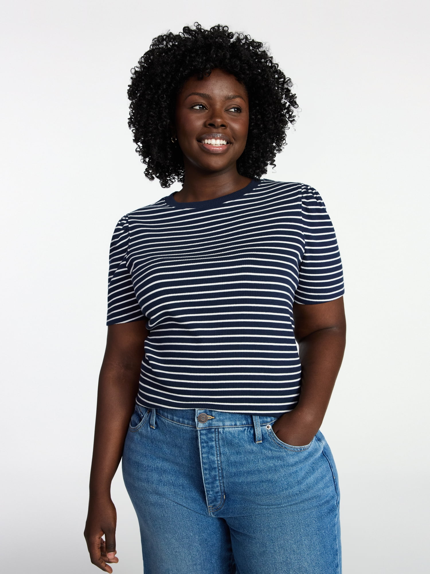 Terra & Sky Women's Plus Size Crewneck Top with Short Puff Sleeves, Size 0X-4X