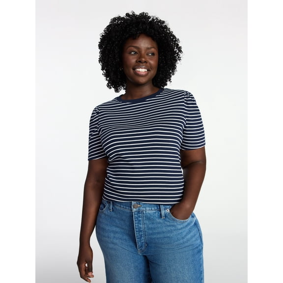 Terra & Sky Women's Plus Size Crewneck Top with Short Puff Sleeves, Size 0X-4X