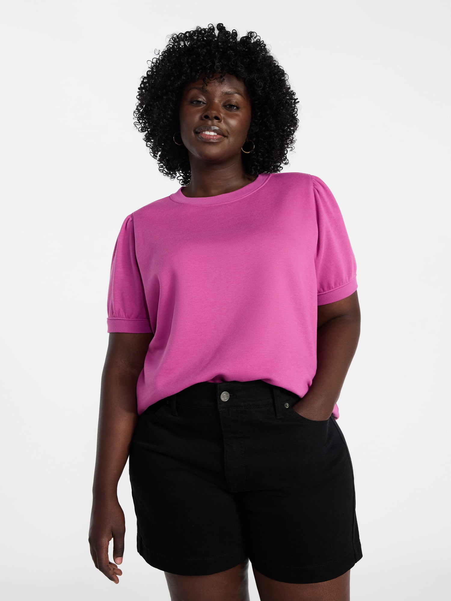 Women's Plus Size Sweatshirt with Short Puff Sleeves, Size 0X-5X