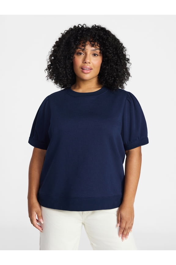 Women's Plus Size Sweatshirt with Short Puff Sleeves, Size 0X-5X