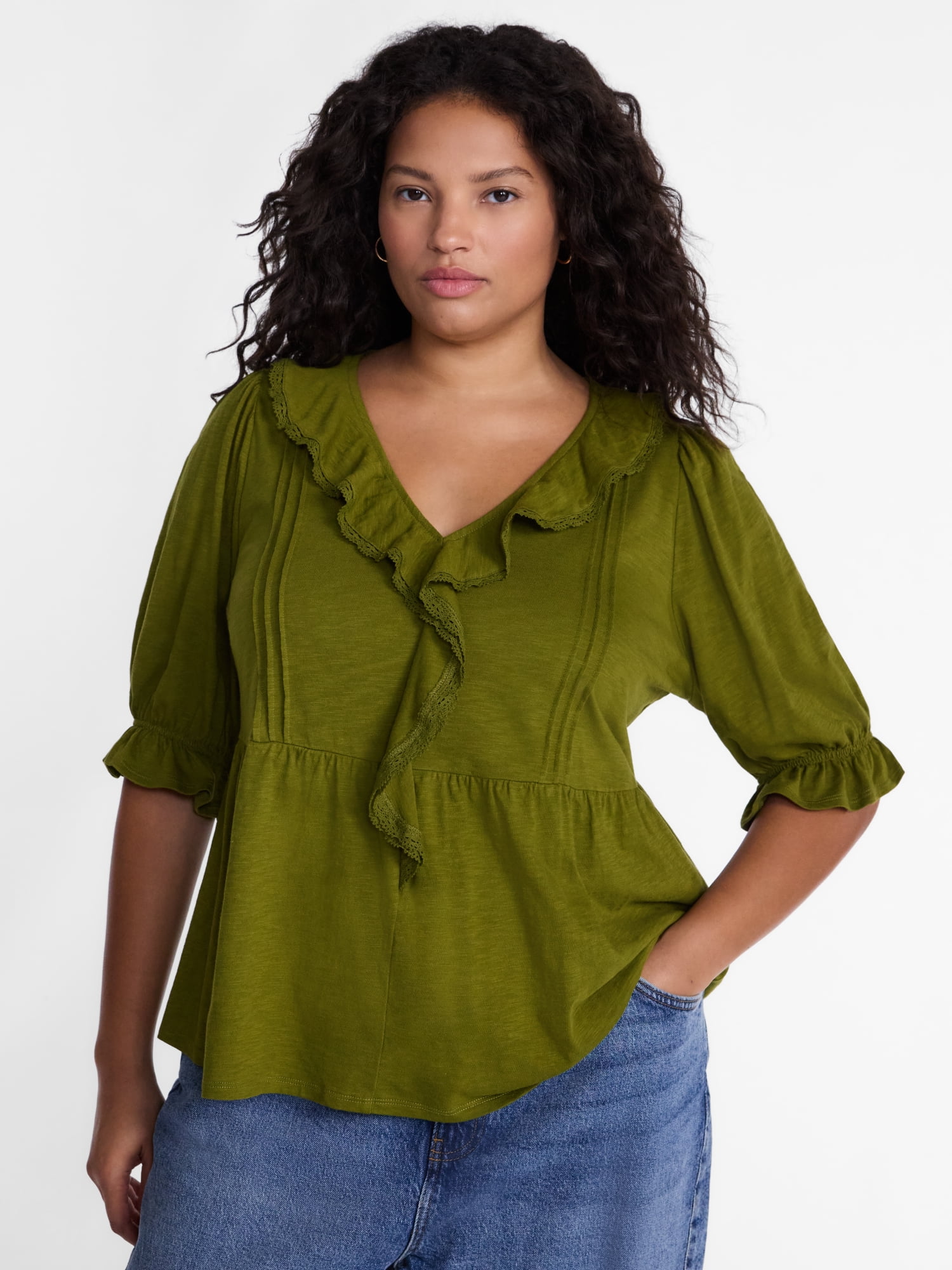 Terra & Sky Women’s Plus Ruffled Cotton Blouse with Elbow-Length Puff Sleeves, Sizes 0X-5X