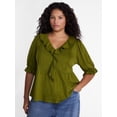 thumbnail image 1 of Terra & Sky Women’s Plus Ruffled Cotton Blouse with Elbow-Length Puff Sleeves, Sizes 0X-5X, 1 of 5