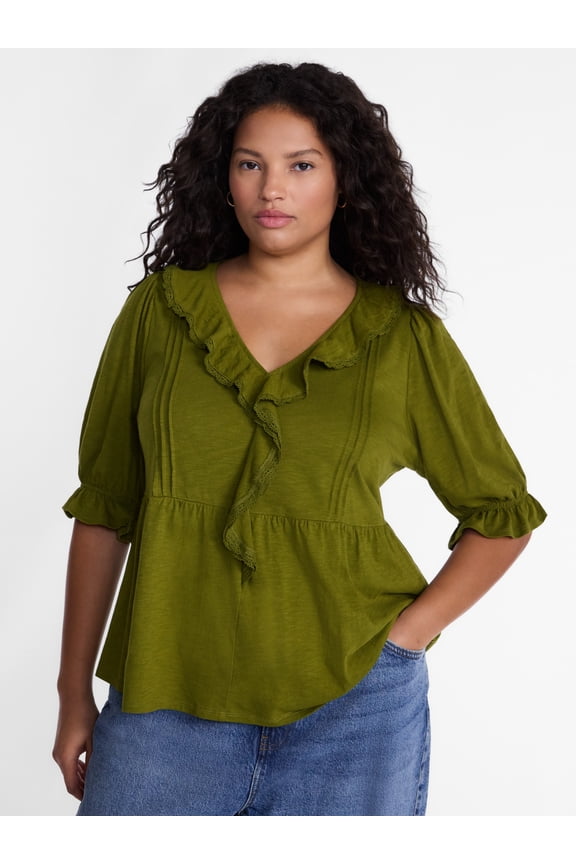Women’s Plus Ruffled Cotton Blouse with Elbow-Length Puff Sleeves, Sizes 0X-5X