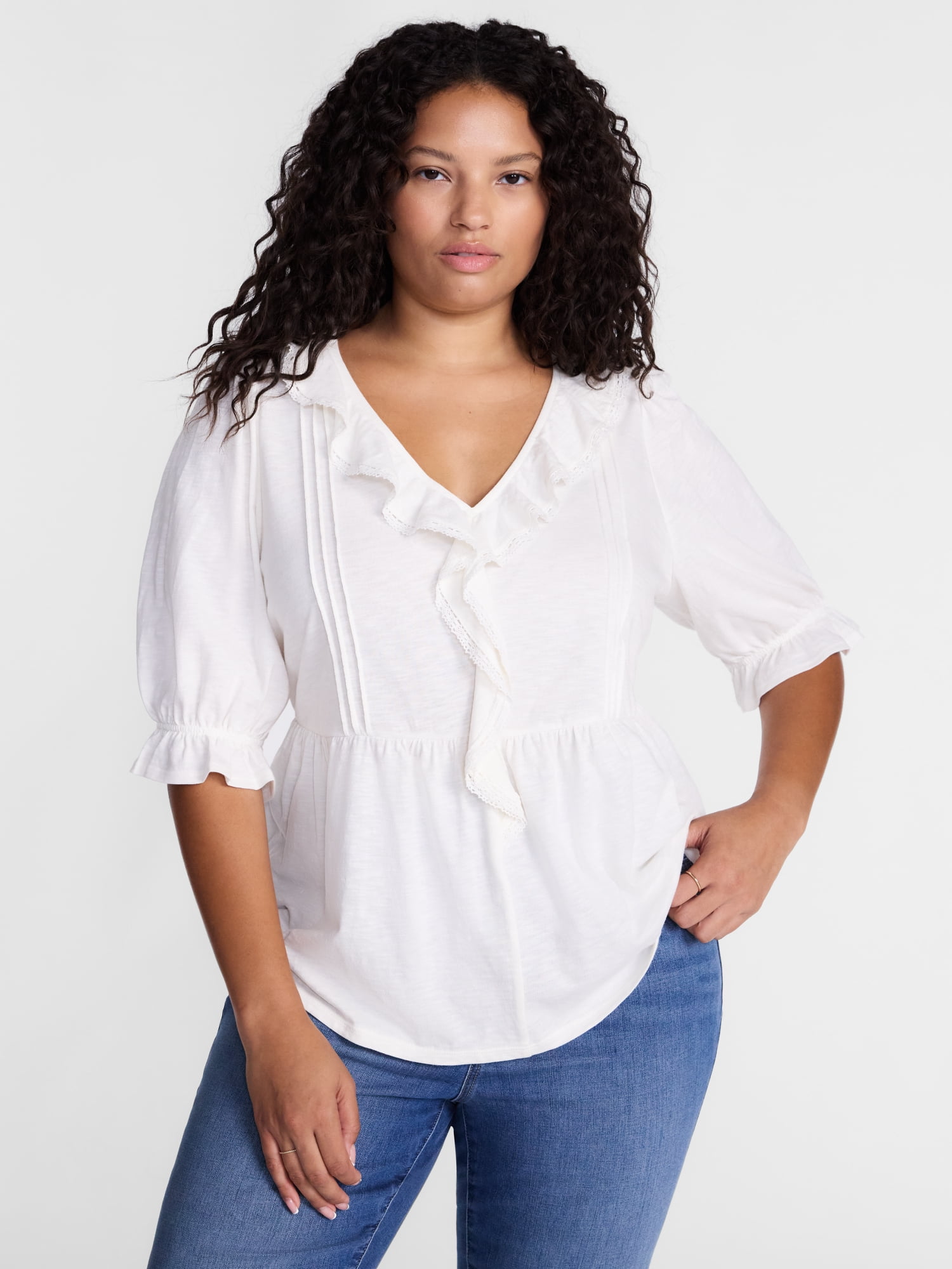 Terra & Sky Women’s Plus Size Short Sleeve Ruffle Blouse, Sizes 0X-5X