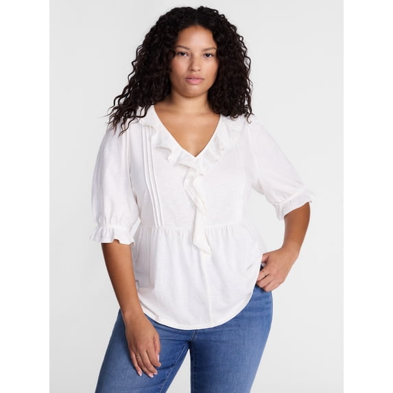 Terra & Sky Women’s Plus Size Short Sleeve Ruffle Blouse, Sizes 0X-5X