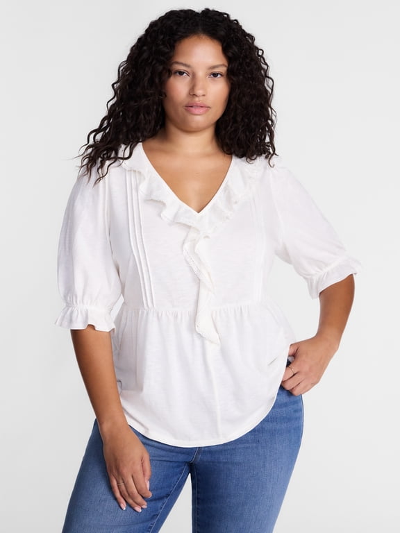 Women’s Plus Ruffled Cotton Blouse with Elbow-Length Puff Sleeves, Sizes 0X-5X