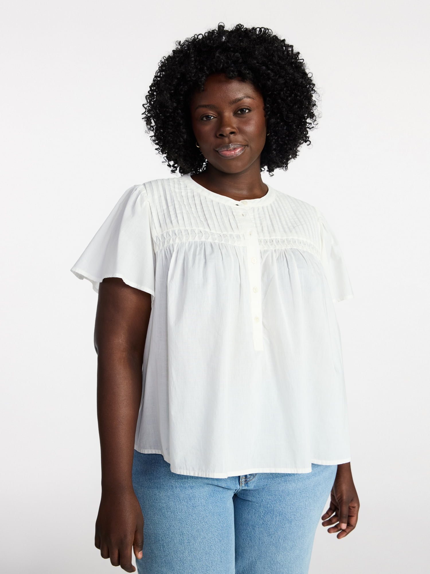 Terra & Sky Women’s Pleated Yoke Top with Short Flutter Sleeves, Sizes 0X-5X