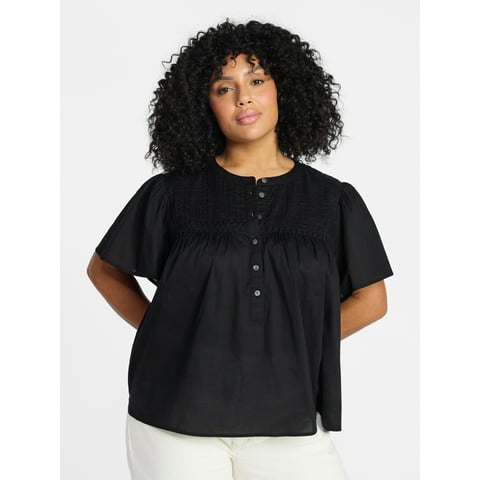 Women’s Pleated Yoke Top with Short Flutter Sleeves, Sizes 0X-5X