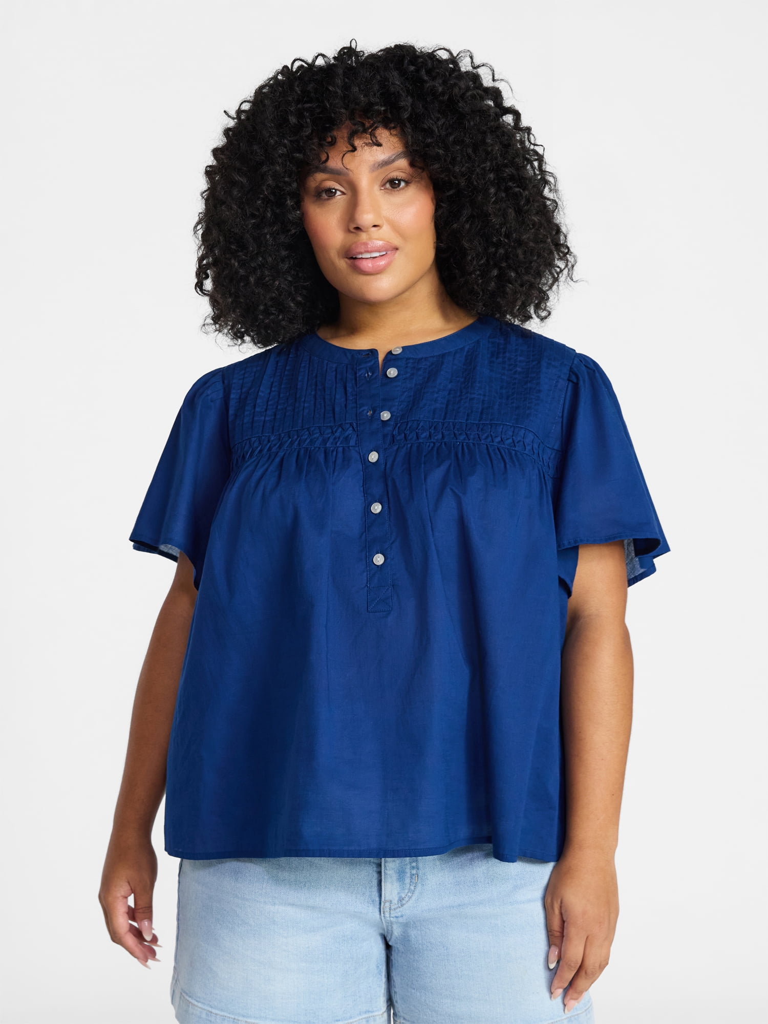 Terra & Sky Women’s Pleated Yoke Top with Short Flutter Sleeves, Sizes 0X-5X