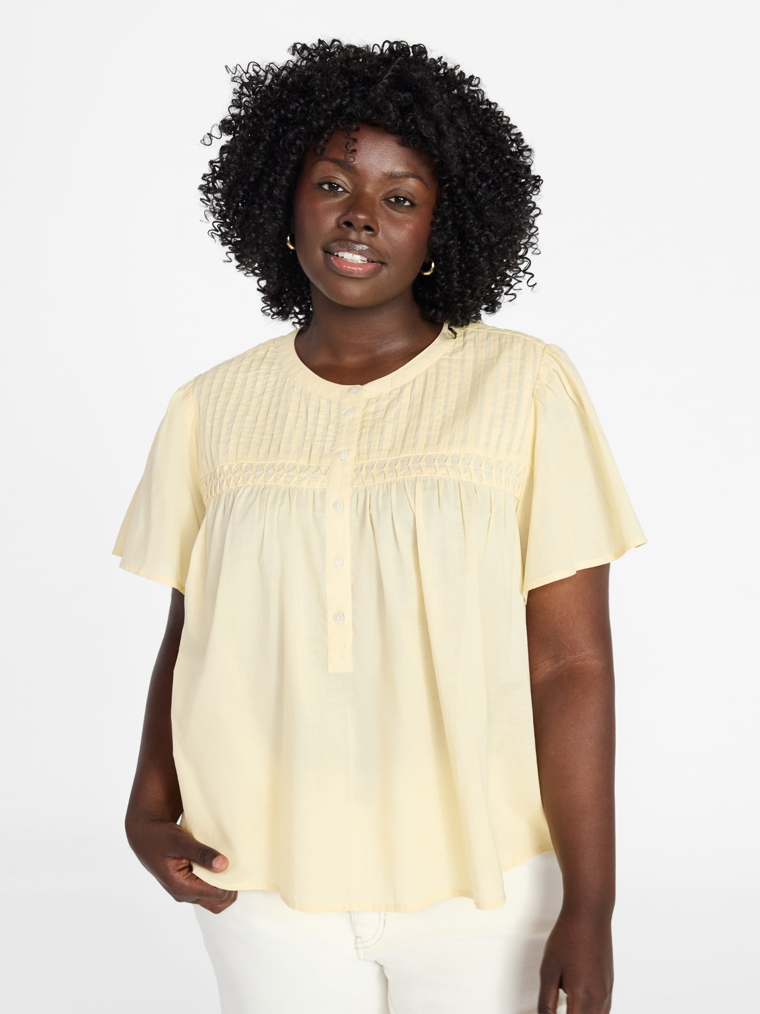 Terra & Sky Women’s Pleated Yoke Top with Short Flutter Sleeves, Sizes 0X-5X