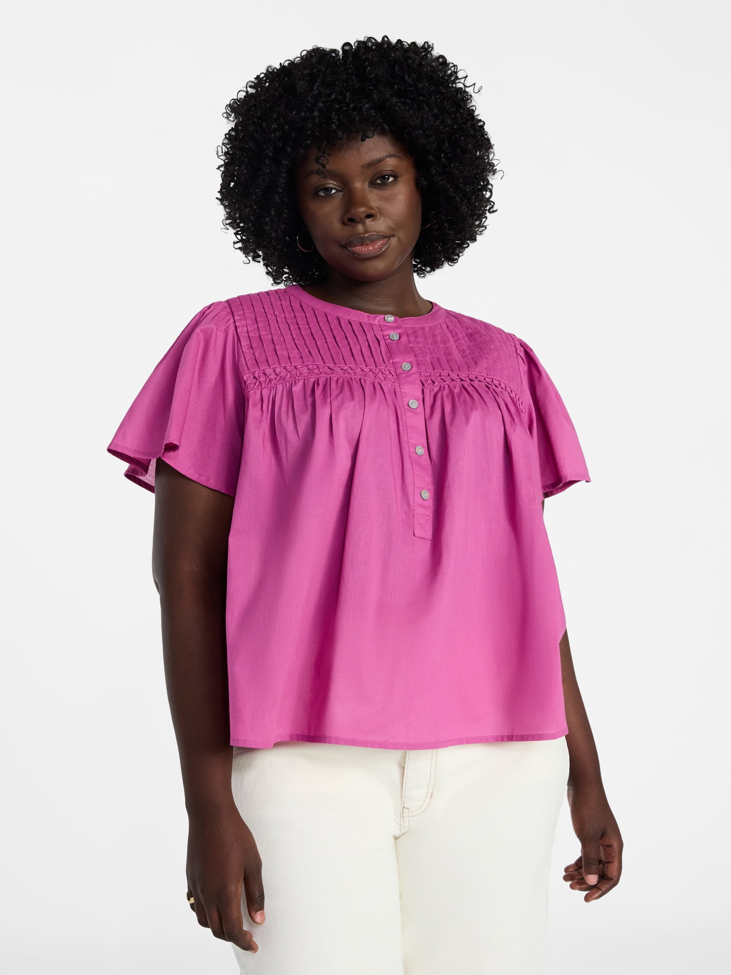 Terra & Sky Women's Pleated Yoke Top with Short Flutter Sleeves
