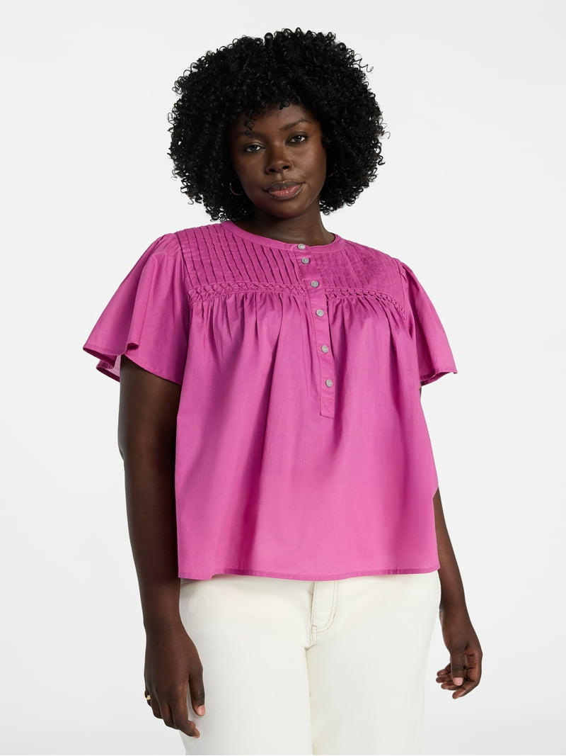 トップス RT-149450 Terra & Sky Women's Pleated Yoke Top with Short Flutter Sleeves