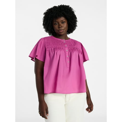 Women’s Pleated Yoke Top with Short Flutter Sleeves, Sizes 0X-5X