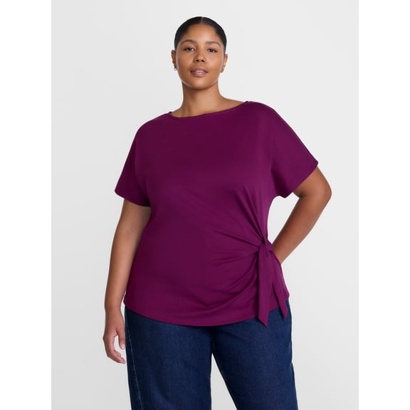 Terra & Sky Women's Plus Boatneck Tie Waist Cotton Tee with Short Sleeves, Sizes 0X-5X