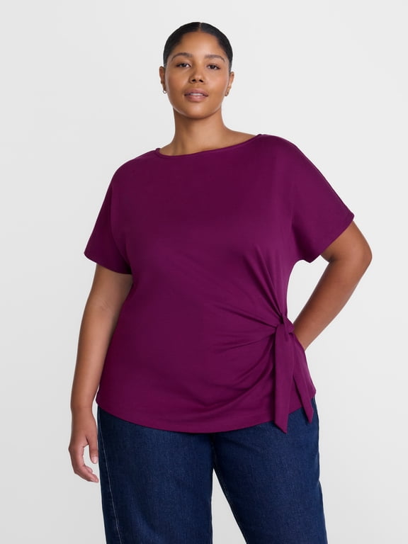 Women's Plus Boatneck Tie Waist Cotton Tee with Short Sleeves, Sizes 0X-5X