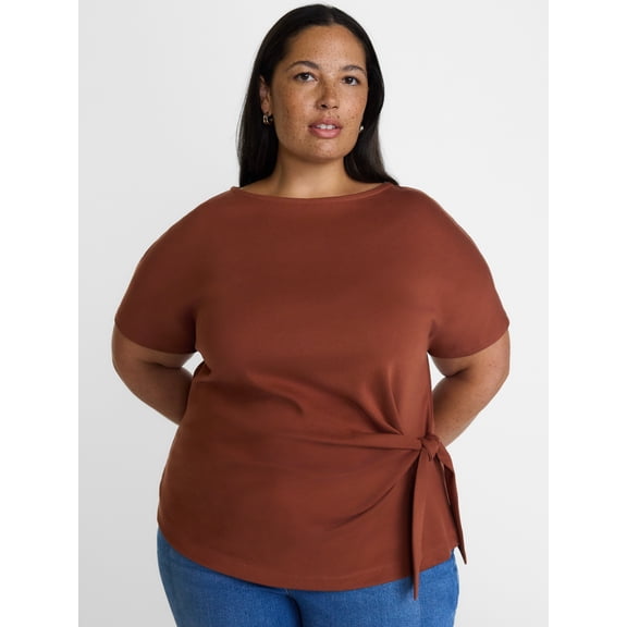 Terra & Sky Women's Plus Boatneck Tie Waist Cotton Tee with Short Sleeves, Sizes 0X-5X