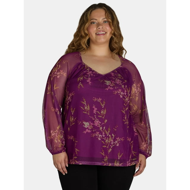 Terra & Sky Women’s Print Mesh Top with Long-Sleeves, Sizes 1X-4X