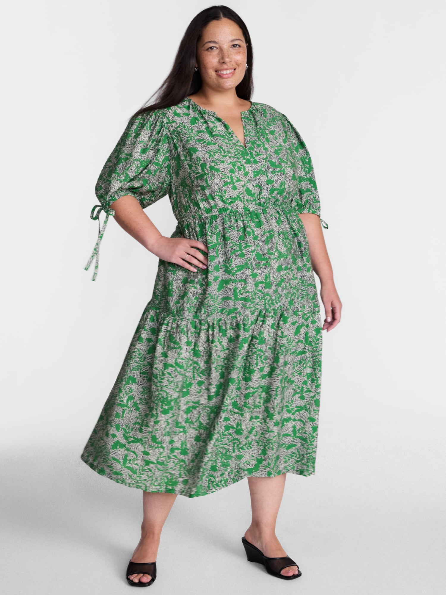 Terra & Sky Women’s Plus Tiered Midi Dress with Short Puff Tie Sleeves, Sizes 0X-5X