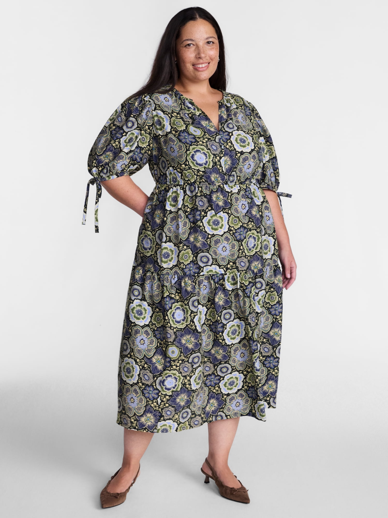 Terra & Sky Women’s Plus Tiered Midi Dress with Short Puff Tie Sleeves, Sizes 0X-5X