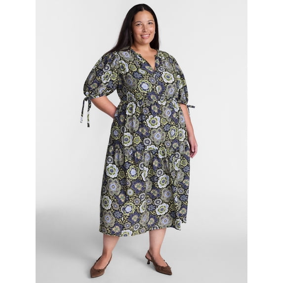 Terra & Sky Women’s Plus Tiered Midi Dress with Short Puff Tie Sleeves, Sizes 0X-5X