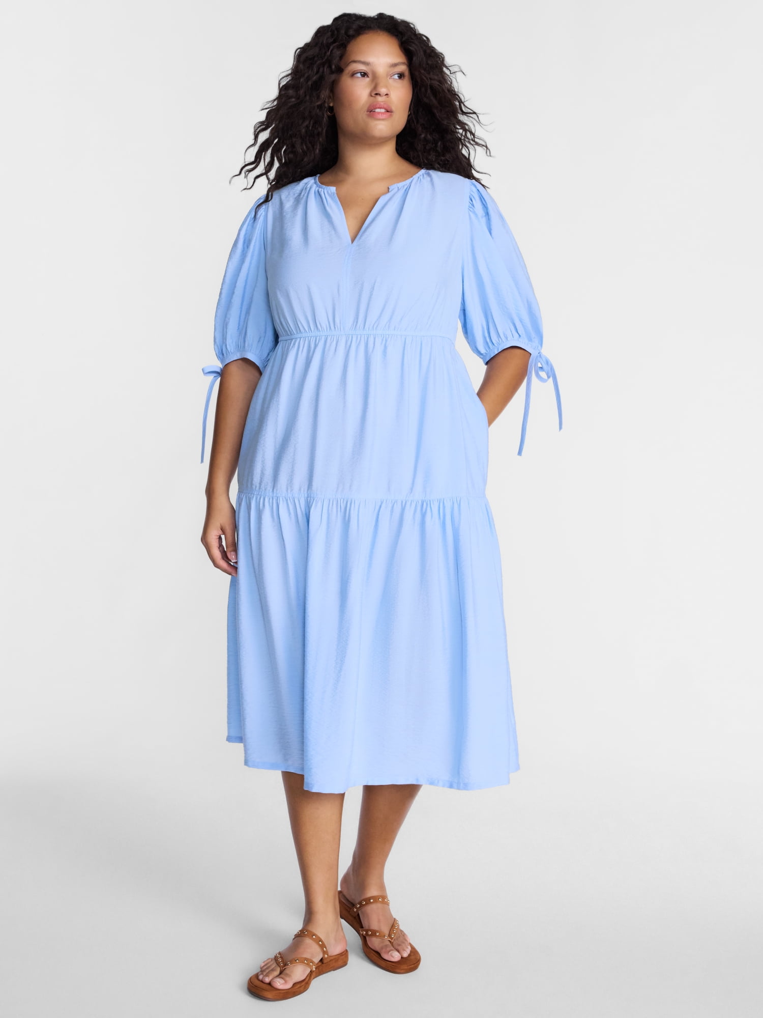 Terra & Sky Women’s Plus Tiered Midi Dress with Short Puff Tie Sleeves, Sizes 0X-5X