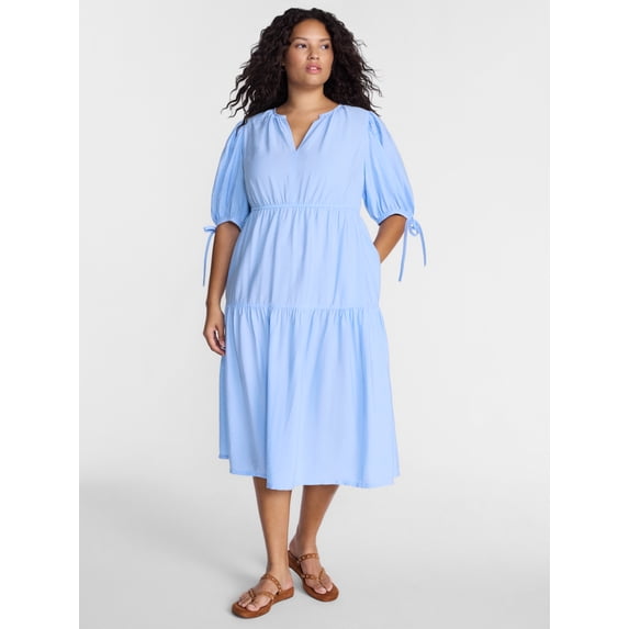 Terra & Sky Women’s Plus Tiered Midi Dress with Short Puff Tie Sleeves, Sizes 0X-5X