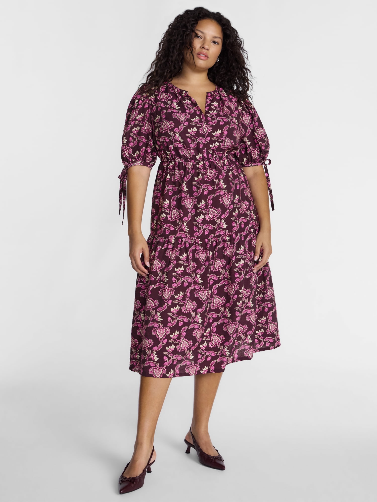 Terra & Sky Women’s Plus Tiered Midi Dress with Short Puff Tie Sleeves, Sizes 0X-5X