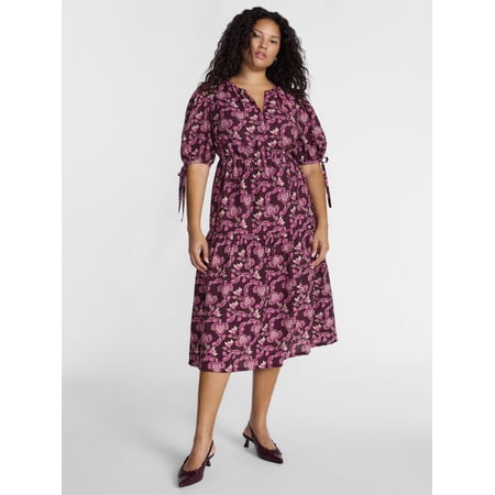 Terra & Sky Women’s Plus Tiered Midi Dress with Short Puff Tie Sleeves, Sizes 0X-5X
