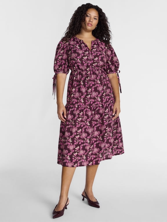 Women’s Plus Tiered Midi Dress with Short Puff Tie Sleeves, Sizes 0X-5X