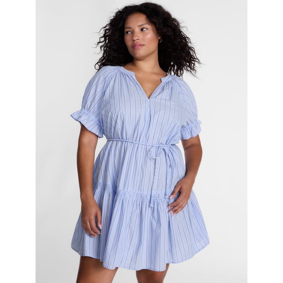 Terra & Sky Women's Plus Cotton Tiered Mini Dress with Short Puff Sleeves, Sizes 0X-5X