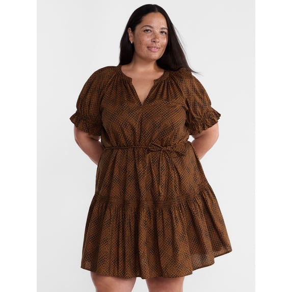 Terra & Sky Women's Plus Cotton Tiered Mini Dress with Short Puff Sleeves, Sizes 0X-5X