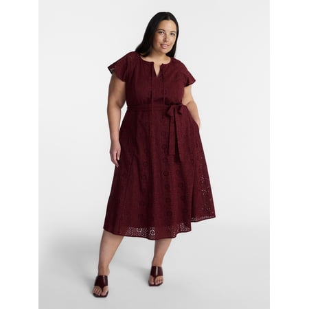 Terra & Sky Women’s Plus Cotton Eyelet Fit and Flare Dress with Short Sleeves, Sizes 0X-5X