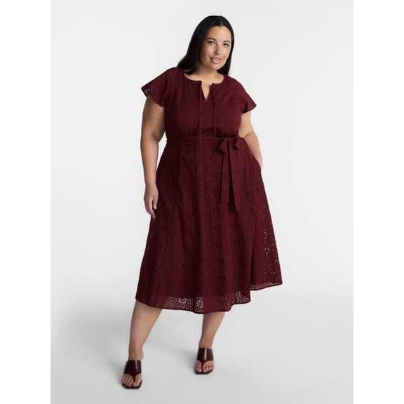 Terra & Sky Women’s Plus Cotton Eyelet Fit and Flare Dress with Short Sleeves, Sizes 0X-5X